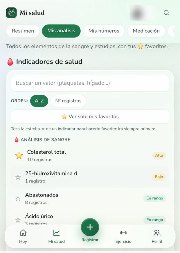 Lista de indicadores de sangre con su estado y número de registros