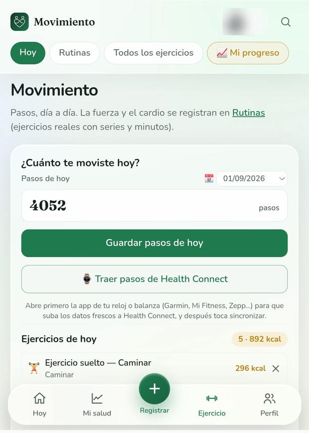 Pasos del día con el botón de traer datos de Health Connect
