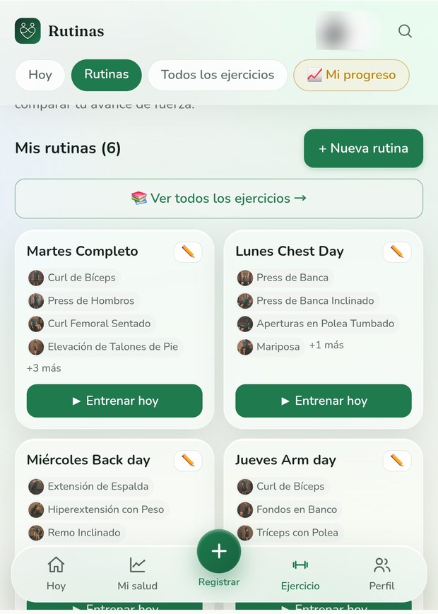 Rutinas de entrenamiento guardadas con sus ejercicios