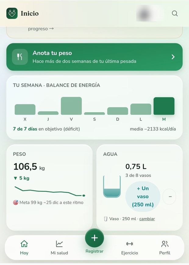 Balance de energía de la semana, peso con su curva y agua del día